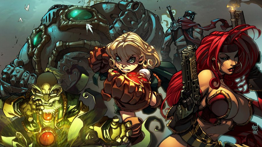 2girls battle_chasers breasts cleavage green_eyes large_breasts long_hair midriff multiple_girls red_hair red_monika