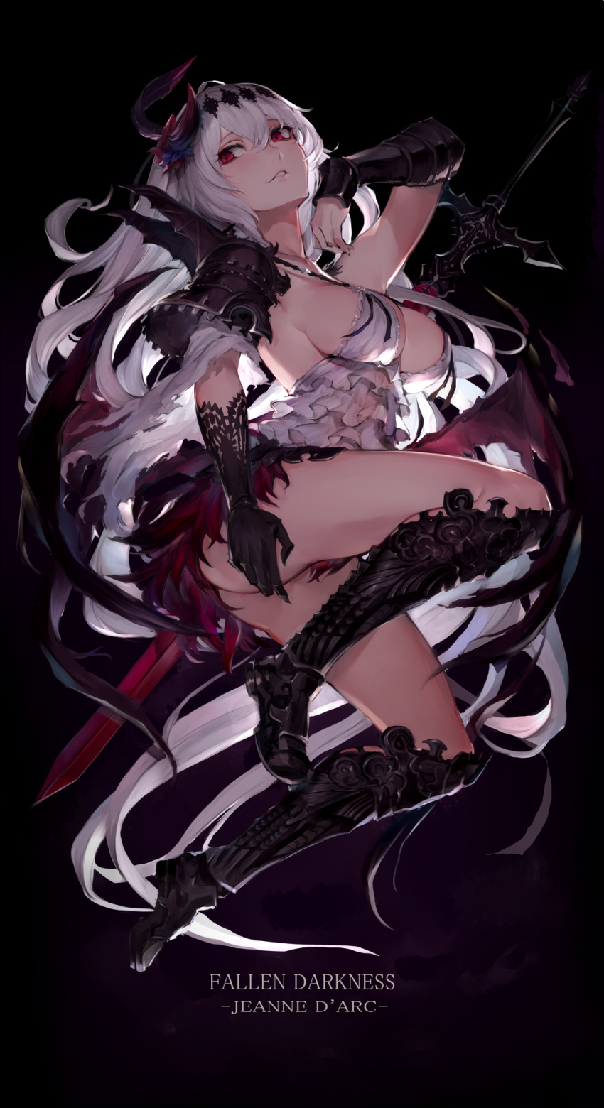 arm_up armor armored_boots ass bangs black_background black_footwear black_gloves blush boots breasts character_name commentary_request dark_jeanne dress english frills full_body gloves granblue_fantasy hair_between_eyes hair_ornament highres horns jeanne_d'arc_(granblue_fantasy) knee_boots long_hair looking_at_viewer looking_to_the_side medium_breasts oyu_(sijimisizimi) parted_lips pauldrons red_eyes short_dress shoulder_armor sideboob silver_hair single_glove single_vambrace slit_pupils smile solo spaulders sword thigh_boots thighhighs vambraces weapon white_dress white_hair