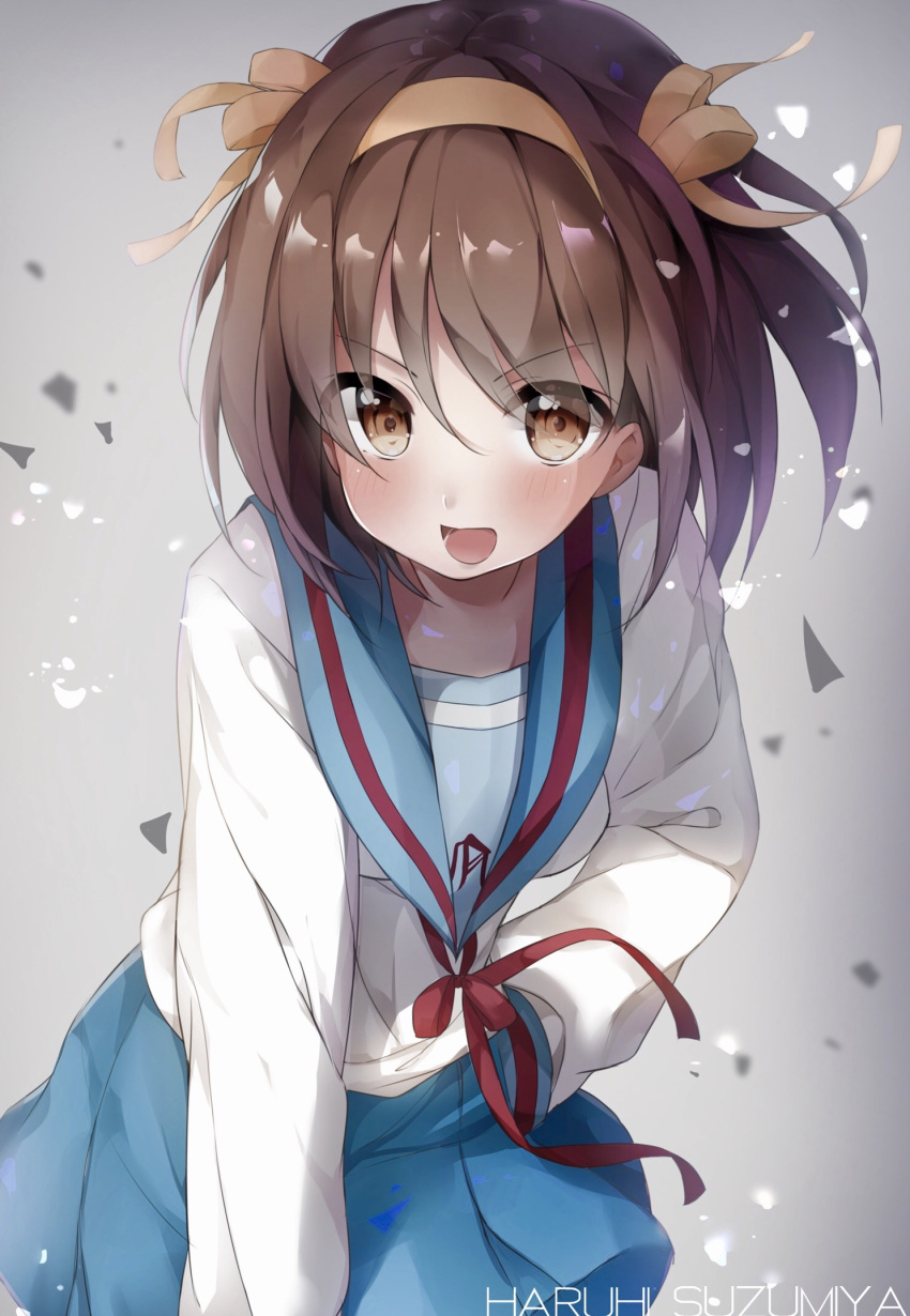 blue_skirt blush brown_eyes brown_hair character_name commentary_request eyebrows_visible_through_hair gradient gradient_background hairband hand_in_pocket highres kita_high_school_uniform looking_at_viewer mochi_nabe open_mouth pleated_skirt school_uniform serafuku short_hair skirt solo suzumiya_haruhi suzumiya_haruhi_no_yuuutsu