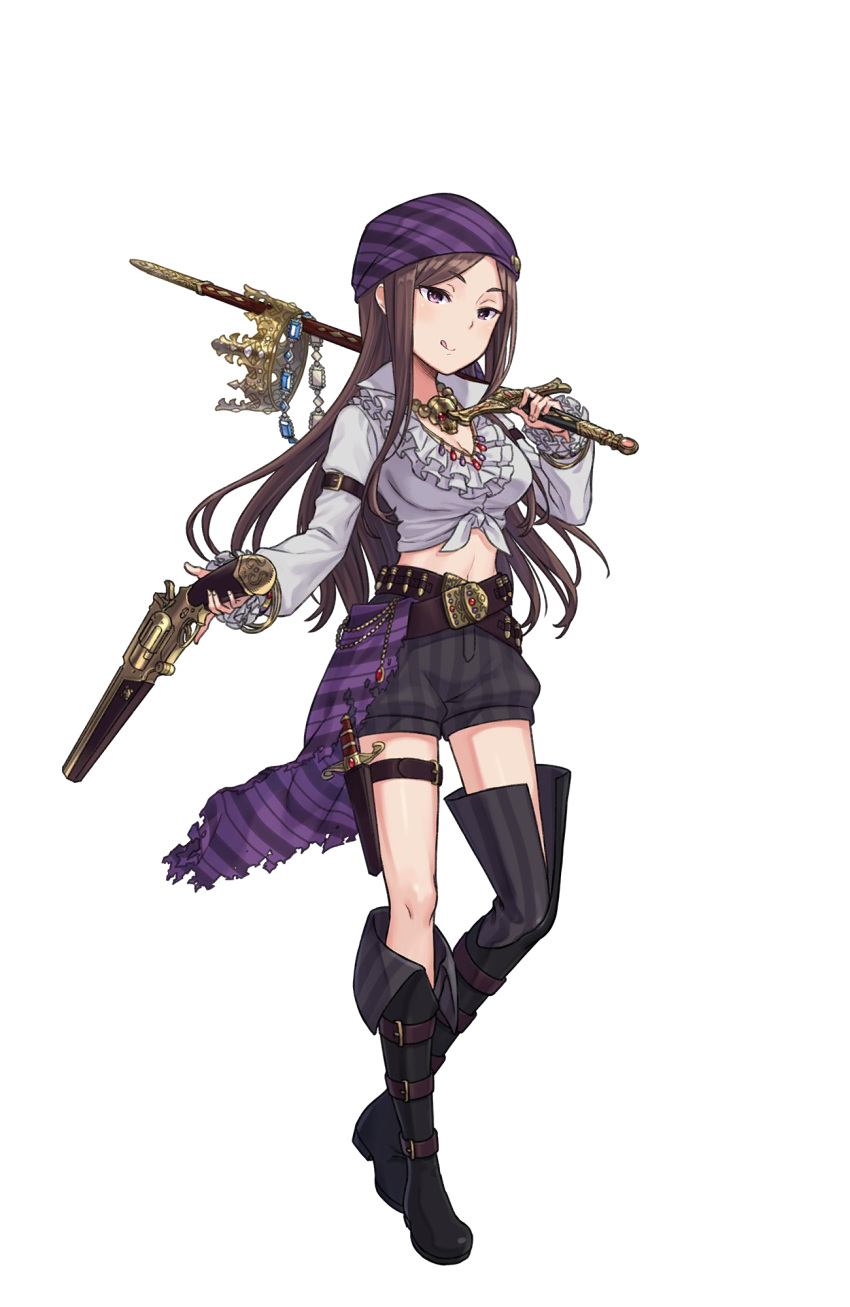 arm_belt bandana belt belt_boots black_footwear boots breasts brown_hair cleavage crown_removed dorothy_(princess_principal) dual_wielding full_body gun highres holding holding_gun holding_sword holding_weapon jewelry jewelry_removed knife licking_lips long_hair looking_at_viewer medium_breasts midriff navel necklace necklace_removed official_art over_shoulder pirate_costume princess_principal princess_principal_game_of_mission purple_eyes sheath sheathed shell_casing shorts skull_necklace solo standing striped striped_shorts sword thigh_boots thigh_strap thighhighs tongue tongue_out transparent_background trigger_discipline weapon