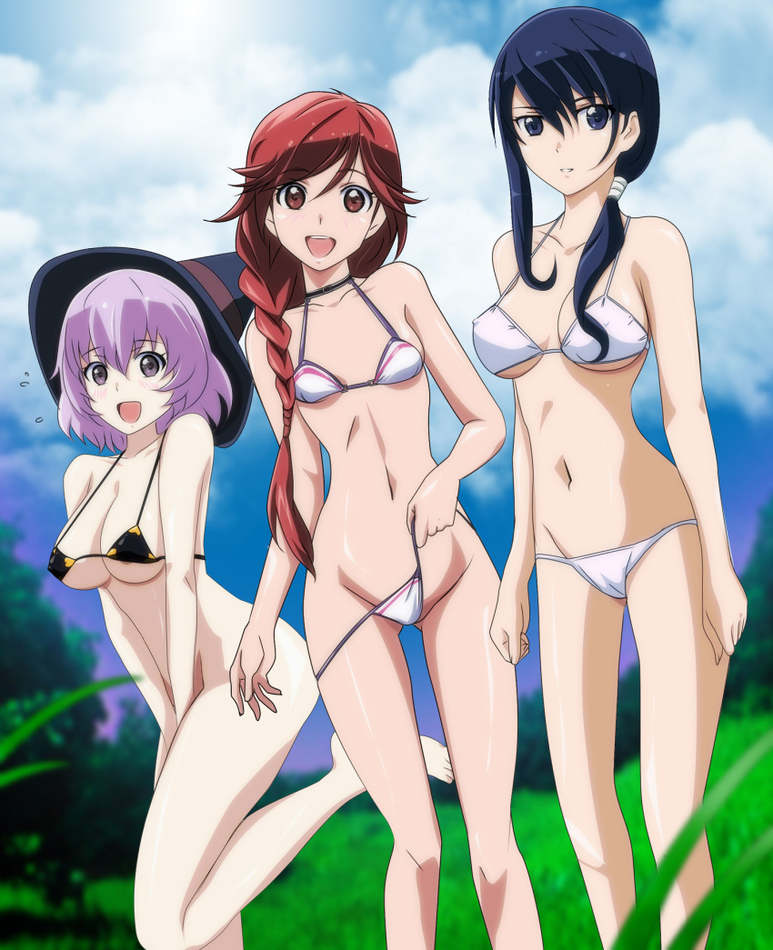 :d ass_visible_through_thighs barefoot bikini black_bikini blue_eyes blue_hair blush braid breasts breasts_apart brown_eyes cameltoe cleavage cloud collarbone commentary_request day flying_sweatdrops gentoku grass grin hai_to_gensou_no_grimgar hair_over_shoulder hat highres lavender_hair long_hair long_legs looking_at_viewer medium_breasts merry_(grimgar) multiple_girls navel open_mouth purple_eyes purple_hair pussy red_hair shihoru_(grimgar) shiny shiny_skin short_hair single_braid small_breasts smile standing standing_on_one_leg swimsuit swimsuit_lift underboob white_bikini witch_hat yume_(grimgar)
