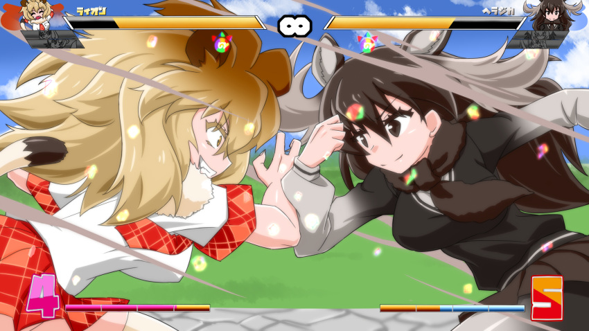 4 5 ^_^ animal_ears antlers arabian_oryx_(kemono_friends) aurochs_(kemono_friends) battle blonde_hair breasts brown_eyes brown_hair clenched_teeth closed_eyes commentary dragon_ball dragon_ball_fighterz duel eyebrows_visible_through_hair fang fur_collar gameplay_mechanics health_bar highres infinity japari_symbol kemono_friends large_breasts lion_(kemono_friends) lion_ears lion_tail long_hair long_sleeves moose_(kemono_friends) moose_ears multiple_girls number pantyhose pleated_skirt sandstar scarf shoebill_(kemono_friends) short_sleeves skirt smile tail teeth tsukushi_(741789) white_rhinoceros_(kemono_friends) yellow_eyes