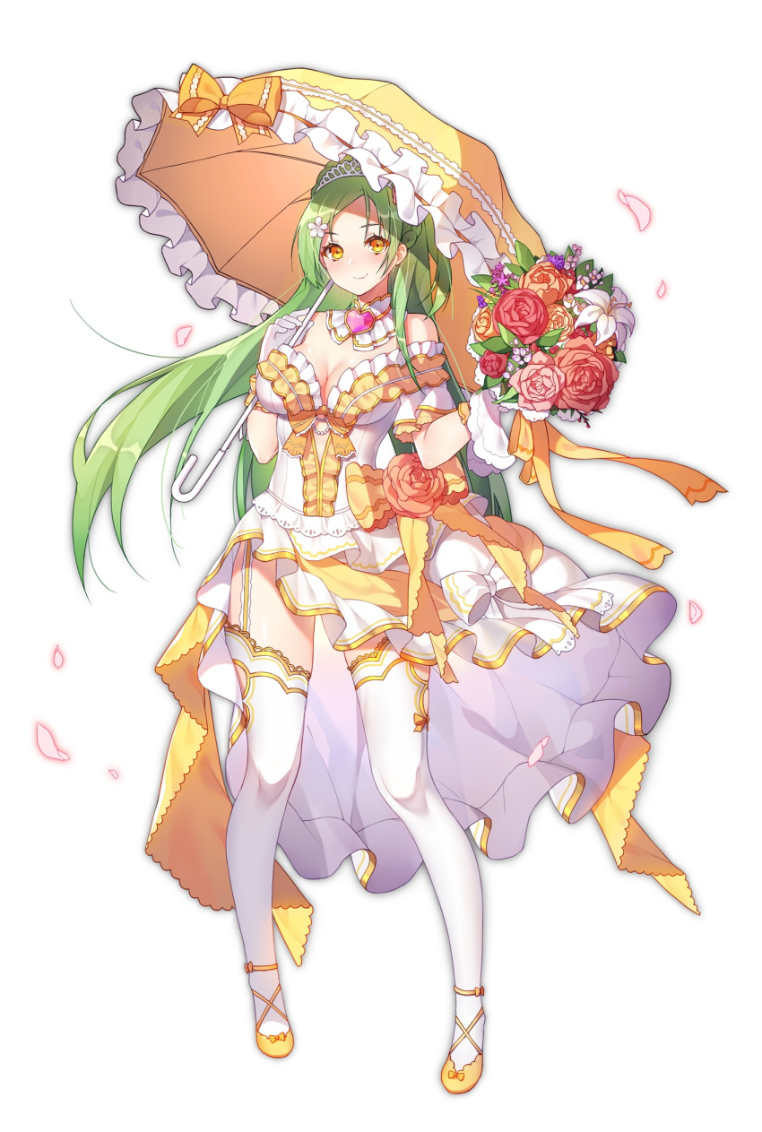 bare_shoulders blush bouquet bow breasts cleavage closed_mouth detached_collar dress filo_(iron_saga) flower frilled_dress frills garter_straps gem gloves hair_flower hair_ornament heart highres iron_saga large_breasts long_hair off-shoulder_dress off_shoulder official_art orange_eyes petals pink_flower red_flower ribbon sela simple_background smile solo standing thighhighs tiara very_long_hair wedding_dress white_background white_bow white_gloves white_legwear wind yellow_ribbon zettai_ryouiki