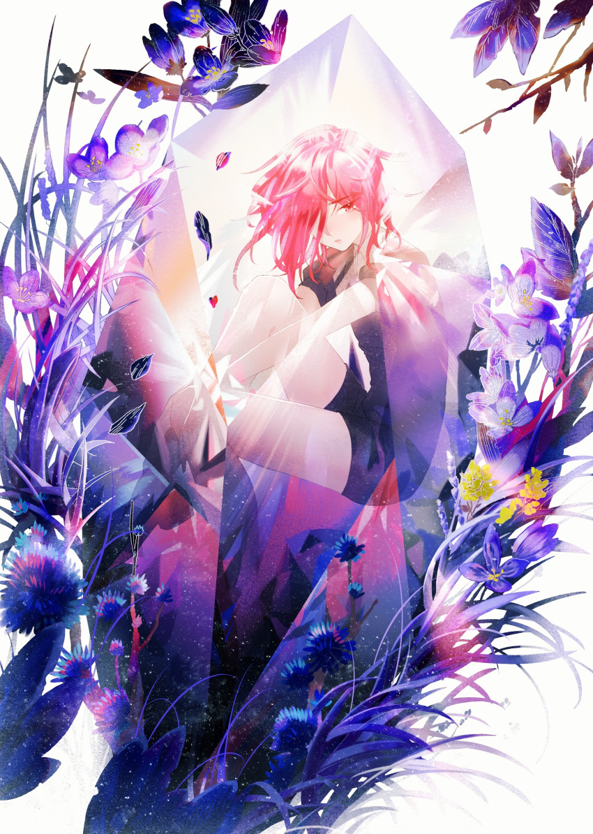absurdres androgynous black_shirt blue_flower branch crystal encasement eyebrows_visible_through_hair flower full_body gem gem_uniform_(houseki_no_kuni) grass hair_over_one_eye half-closed_eyes highres houseki_no_kuni in_container knee_up light_particles looking_at_viewer looking_to_the_side medium_hair parted_lips petals purple_flower red_eyes red_hair shinsha_(houseki_no_kuni) shirt shorts simple_background solo wei_li white_background