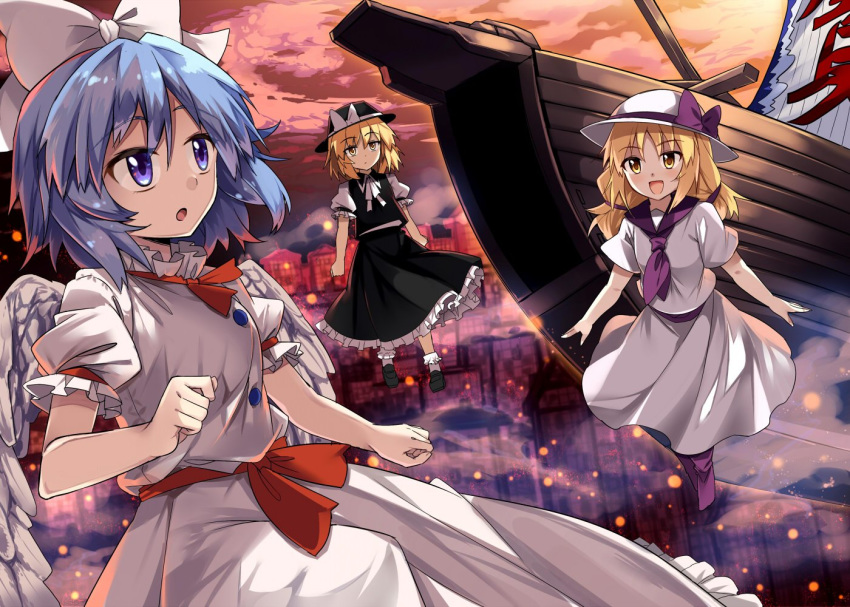 :d :o black_footwear black_skirt black_vest blonde_hair blue_eyes blue_hair bow commentary_request dress e.o. embers expressionless eyebrows_visible_through_hair fedora hat hat_bow low_twintails luize mai_(touhou) makai_(touhou) multiple_girls neck_ribbon open_mouth palanquin_ship parted_lips petticoat puffy_short_sleeves puffy_sleeves purple_bow purple_neckwear red_sky ribbon sailor_collar ship short_hair short_sleeves skirt sky smile socks touhou touhou_(pc-98) twintails vest watercraft white_dress white_legwear white_neckwear white_ribbon yellow_eyes yuki_(touhou)