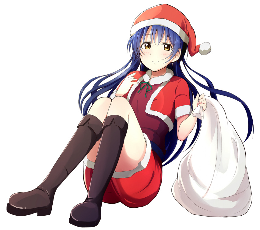 bangs blue_hair blush boots commentary_request full_body fur_trim hat highres holding knee_boots long_hair looking_at_viewer love_live! love_live!_school_idol_project sack santa_costume santa_hat simple_background smile solo sonoda_umi tata_(tataice) white_background