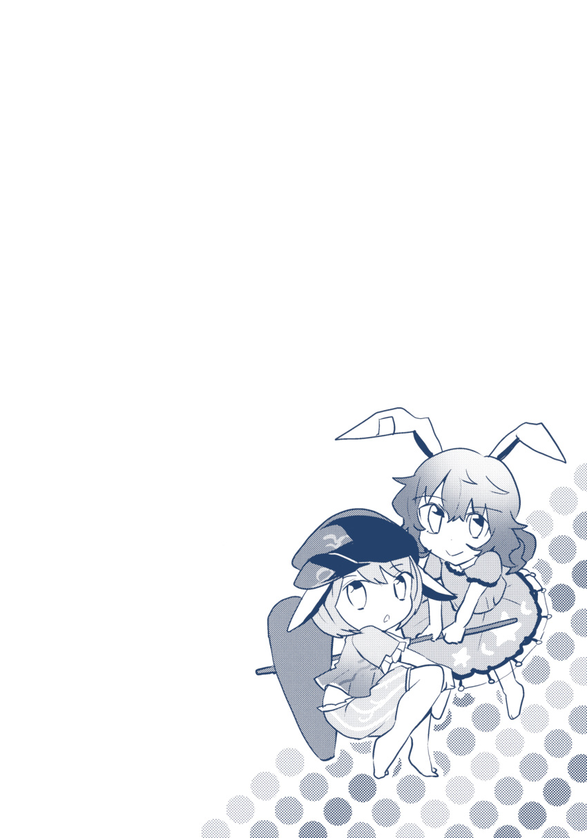 animal_ears azuma_aya azuma_seiji barefoot bunny_ears comic crop_top doujinshi dress ear_clip flat_cap greyscale hammer hat highres medium_hair midriff monochrome multiple_girls ringo_(touhou) scan seiran_(touhou) short_hair short_sleeves shorts touhou translation_request