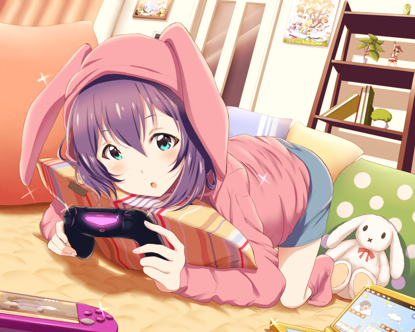 :o :x absurdres animal_hood bangs blue_eyes blue_shorts blush book bunny_hood carpet commentary_request controller curtains door dualshock dutch_angle figure flower_pot foreshortening full_body game_controller gamepad glint handheld_game_console highres holding hood hood_up hoodie idolmaster idolmaster_million_live! indoors long_sleeves md5_mismatch mochizuki_anna nintendo_ds on_floor open_mouth pillow pink_legwear plant playing_games playstation_vita polka_dot poster_(object) potted_plant purple_hair shelf shiny shiny_hair shiokazunoko short_hair shorts socks solo sony stuffed_animal stuffed_bunny stuffed_toy