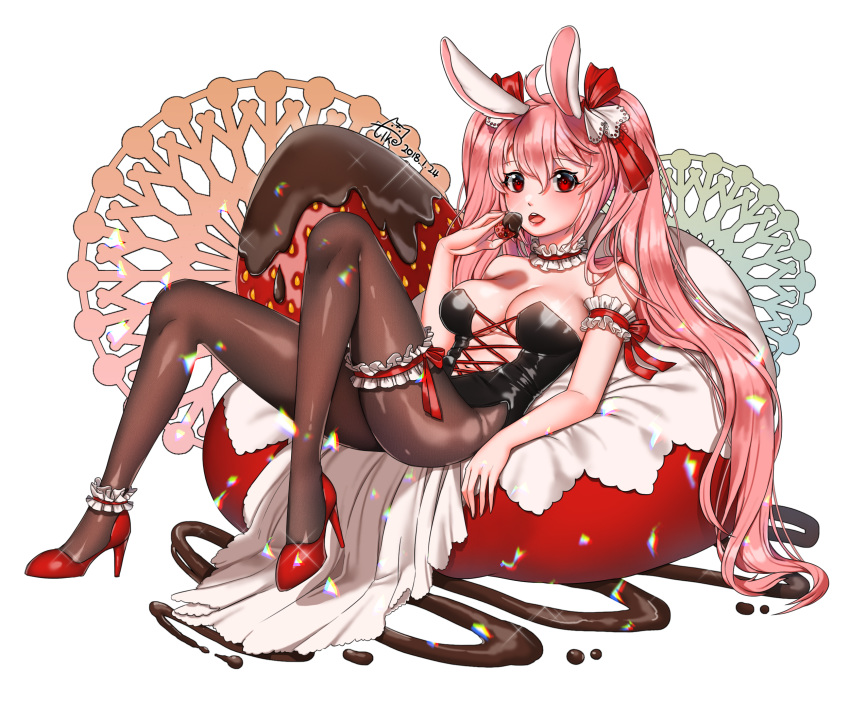 ahoge animal_ears artist_name bare_shoulders breasts bunny_ears chocolate chocolate_covered choker dated doily eating food fruit high_heels highres long_hair lying medium_breasts navel on_back open_mouth pantyhose pink_hair red_eyes red_footwear solo sparkle strawberry tikeworld twintails very_long_hair