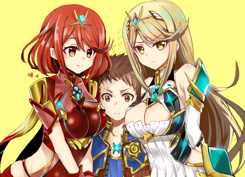 2girls armor bangs bare_shoulders blonde_hair blue_vest blush breasts brown_eyes brown_hair cleavage cleavage_cutout collarbone detached_sleeves dress dual_persona eyebrows_visible_through_hair gem girl_sandwich headpiece heart hikari_(xenoblade_2) homura_(xenoblade_2) impossible_clothes impossible_leotard large_breasts leotard long_hair looking_at_viewer medium_breasts midriff multiple_girls open_clothes open_vest parted_lips patterned_clothing red_eyes red_hair red_leotard rex_(xenoblade_2) sandwiched shimaneko_(matarou99) short_hair shoulder_armor shoulder_pads sidelocks simple_background straight_hair sweat swept_bangs tareme translation_request unzipped upper_body v-shaped_eyebrows very_long_hair vest white_dress wide-eyed xenoblade_(series) xenoblade_2 yellow_background yellow_eyes