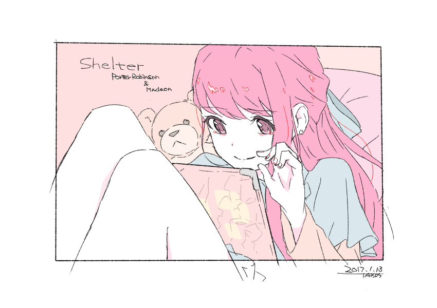absurdres blue_shirt border dated eyebrows_visible_through_hair highres knees long_hair pink_eyes pink_hair rin_(shelter) shelter_(music_video) shirt signature sitting smile solo stuffed_animal stuffed_toy tablet taisos teddy_bear text_focus