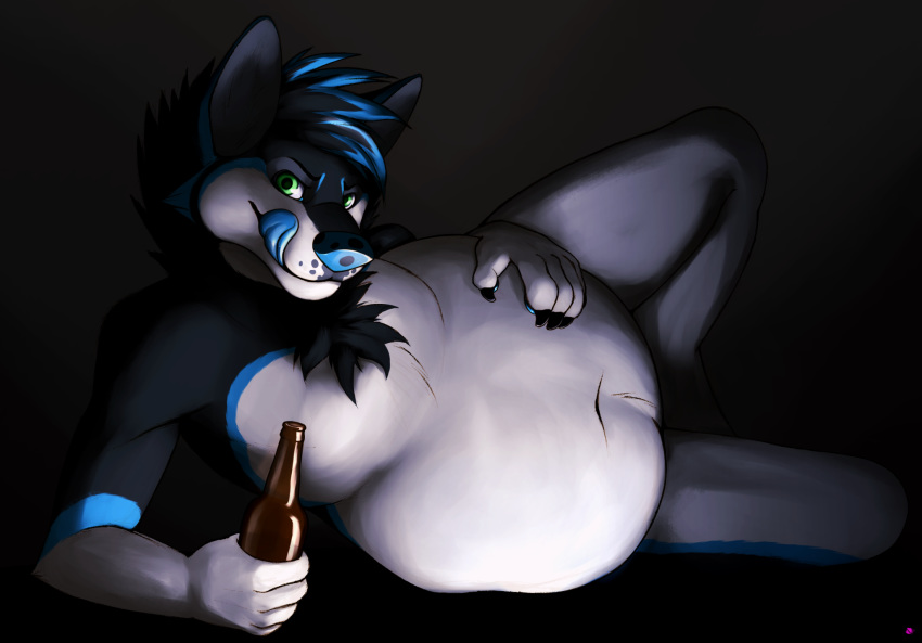 2018 absurd_res anthro belly big_belly bottle canine dark_background digital_media_(artwork) fur hi_res leo_(thetwfz) looking_at_viewer male mammal pinup pose post_vore schizy shaded simple_background solo tongue vore wolf