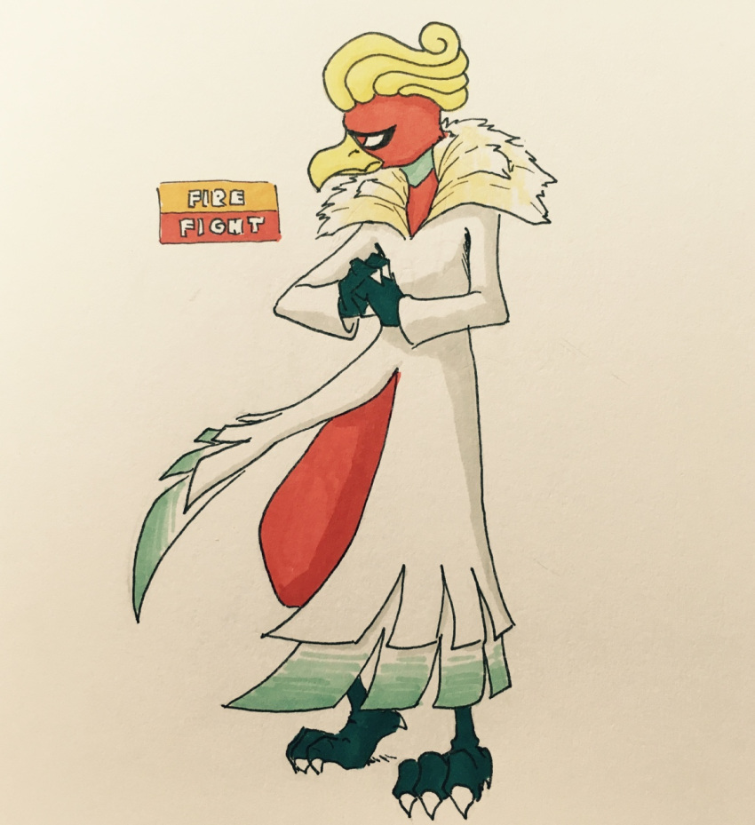 2017 4_toes alternate_color ambiguous_gender anisodactyl anthro anthrofied avian beak biped bird black_markings blonde_hair cheek_tuft claws clothed clothing coat english_text eye_markings fak&eacute;mon feather_tuft feathers firefightdex frown full-length_portrait green_feathers hair half-closed_eyes hands_together head_tuft hi_res ho-oh interlocked_fingers legendary_pok&eacute;mon looking_away marker_(artwork) markings mfanjul mixed_media multicolored_feathers nintendo orange_feathers pen_(artwork) pok&eacute;mon pok&eacute;mon_(species) pok&eacute;morph portrait shadow short_hair side_view simple_background slim solo standing talons text toe_claws toes toony traditional_media_(artwork) tuft video_games white_background white_claws white_feathers yellow_beak yellow_feathers