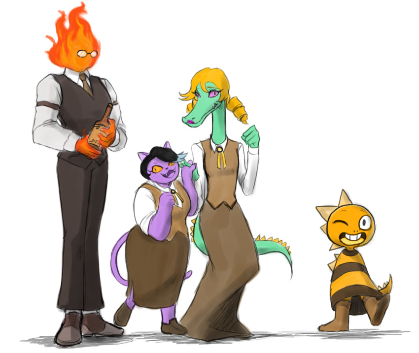 alternate_universe ambiguous_gender anthro armless black_hair bratty_(undertale) cat catty_(undertale) clothed clothing elemental eyewear feline female fire fire_elemental fur glasses grillby group hair male mammal monster_kid purple_fur reptile scalie simple_background smile stroberry_oatmeal undermafia undertale video_games white_background