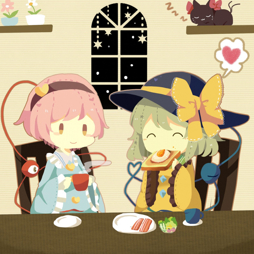 ^_^ bacon blush_stickers bow chair closed_eyes commentary_request cup eating egg flower food food_on_face green_hair hairband hat hat_bow hat_ribbon heart heart_of_string highres holding holding_cup kaenbyou_rin kaenbyou_rin_(cat) komeiji_koishi komeiji_satori long_sleeves moyo_(amaniwa) multiple_girls pink_hair plant plate potted_plant ribbon salad shelf short_hair sitting sleeping smile spoken_heart star steam table third_eye toast touhou wide_sleeves window zzz