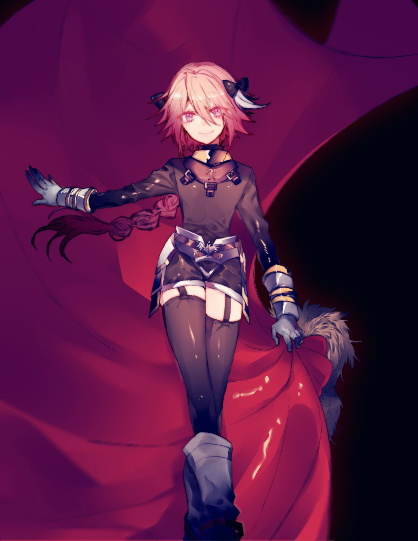 astolfo_(fate) bangs bingmao-chan black_bow black_legwear black_shirt black_skirt boots bow braid buckle cloak_removed closed_mouth commentary crossed_legs dot_nose emblem eyelashes eyes_visible_through_hair fang fate/apocrypha fate_(series) faulds fur-trimmed_cloak fur_collar garter_straps gauntlets gorget hair_between_eyes hair_bow hair_intakes hand_up highres holding_clothes lips long_hair long_sleeves looking_at_viewer male_focus miniskirt multicolored_hair otoko_no_ko outstretched_arm parted_bangs pink_hair purple_eyes red_cloak shirt single_braid skirt smile solo standing streaked_hair thighhighs turtleneck two-tone_hair very_long_hair watson_cross white_footwear white_hair zettai_ryouiki