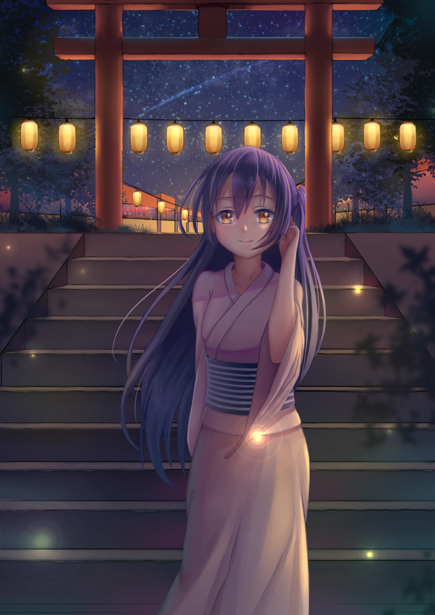 absurdres bangs blue_hair blush commentary_request eyebrows_visible_through_hair hair_between_eyes hand_in_hair highres japanese_clothes kimono lantern long_hair long_sleeves looking_at_viewer love_live! love_live!_school_idol_project night shano_dongxi sky smile solo sonoda_umi stairs standing star_(sky) starry_sky white_kimono wide_sleeves yellow_eyes yukata