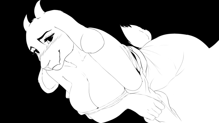 absurd_res anthro big_breasts black_background blush breasts caprine clothing female goat haaru hi_res horn looking_at_viewer mammal simple_background smile toriel undertale undressing video_games