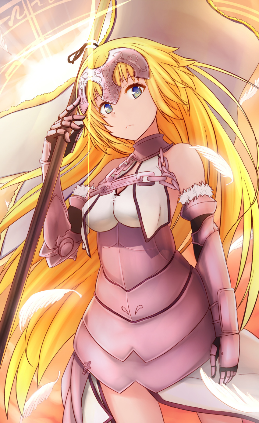 absurdres arm_up armor armored_dress banner bare_shoulders blonde_hair breasts chain closed_mouth eyebrows_visible_through_hair fate/apocrypha fate/grand_order fate_(series) flag gauntlets gloves headpiece highres holding jeanne_d'arc_(fate) jeanne_d'arc_(fate)_(all) long_hair looking_at_viewer medium_breasts orihiro0614 sleeveless very_long_hair