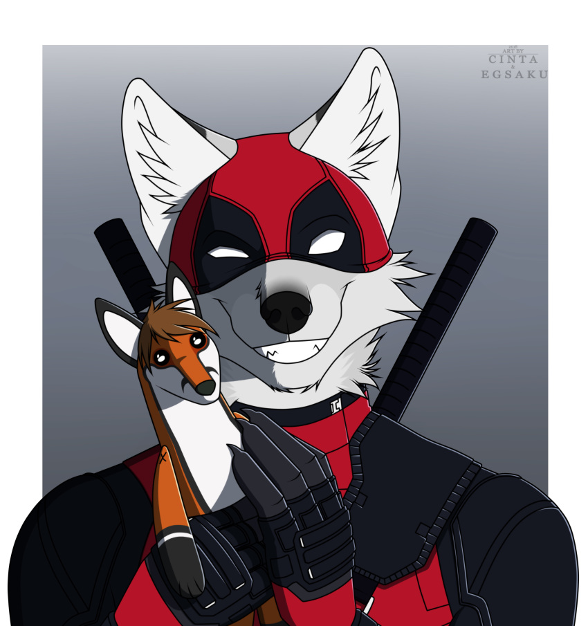 2018 5_fingers absurd_res anthro black_nose brown_hair canine cinta clothing costume deadpool egsaku fox fur gloves grey_background grey_fur grin hair headshot_portrait hi_res katana looking_at_viewer male mammal marvel mask melee_weapon multicolored_fur portrait sharp_teeth simple_background skinsuit smile solo standing sword teeth tight_clothing two_tone_fur weapon white_fur wolf