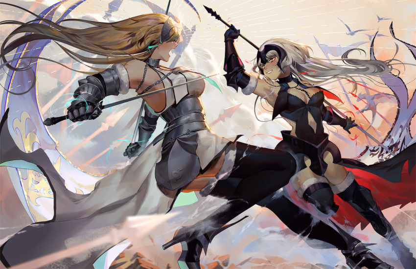 armor armored_dress armpits battle black_gloves blonde_hair breasts capelet chain choker cleavage collar commentary_request dual_wielding duel eyebrows_visible_through_hair fate/apocrypha fate/grand_order fate_(series) faulds flag gauntlets gloves headpiece holding holding_flag holding_sword holding_weapon jeanne_d'arc_(alter)_(fate) jeanne_d'arc_(fate) jeanne_d'arc_(fate)_(all) large_breasts long_hair multiple_girls open_mouth outstretched_arms pixiescout plackart polearm silver_hair smile spear spread_arms standard_bearer sword thighhighs thighs two-handed weapon yellow_eyes