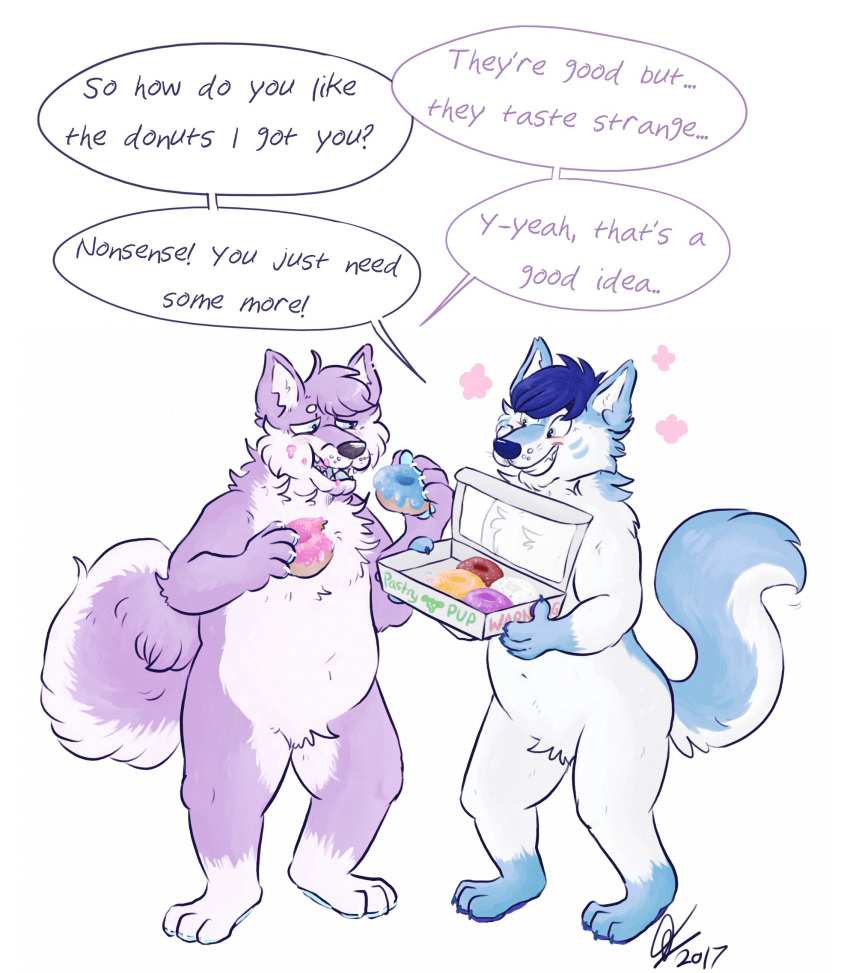 ... 2017 anthro black_nose blue_fur blue_hair blue_nose canine dialogue digital_drawing_(artwork) digital_media_(artwork) dog doughnut duo eating english_text food frosting fur hair hi_res husky hybrid male mammal markings multicolored_fur multicolored_tail nude open_mouth purple_fur raccoonkind simple_background sky_(xenonwolf) slightly_chubby smile speech_bubble teeth text two_tone_fur weight_gain white_background white_fur wintie_snowflake wolf