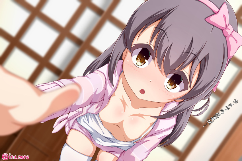 all_fours breasts brown_eyes brown_hair camisole downblouse extended_downblouse hairband hibiki_ao hibiki_ao_(character) highres jacket long_hair open_mouth outstretched_arm outstretched_hand pink_jacket pink_shorts short_shorts shorts small_breasts solo thighhighs tigiri_(inuninarunaru) virtual_youtuber white_camisole white_legwear