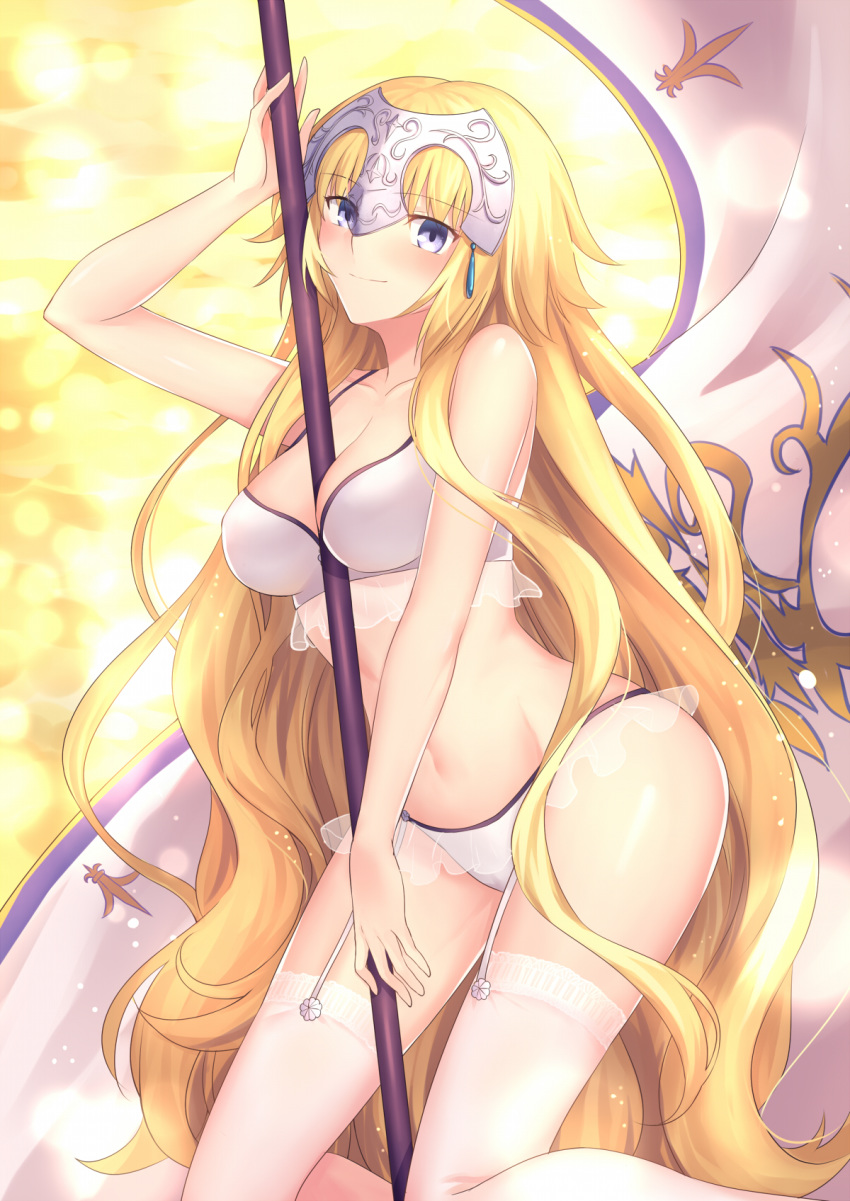 arm_up bangs banner bare_arms bare_shoulders between_breasts blonde_hair blue_eyes bra breasts closed_mouth collarbone commentary_request eyebrows_visible_through_hair fate/grand_order fate_(series) garter_straps gogatsu_fukuin groin headpiece highres holding jeanne_d'arc_(fate) jeanne_d'arc_(fate)_(all) kneeling large_breasts light_particles long_hair looking_at_viewer navel panties see-through shiny shiny_skin smile stomach thighhighs underwear underwear_only very_long_hair wavy_hair white_bra white_legwear white_panties yellow_background