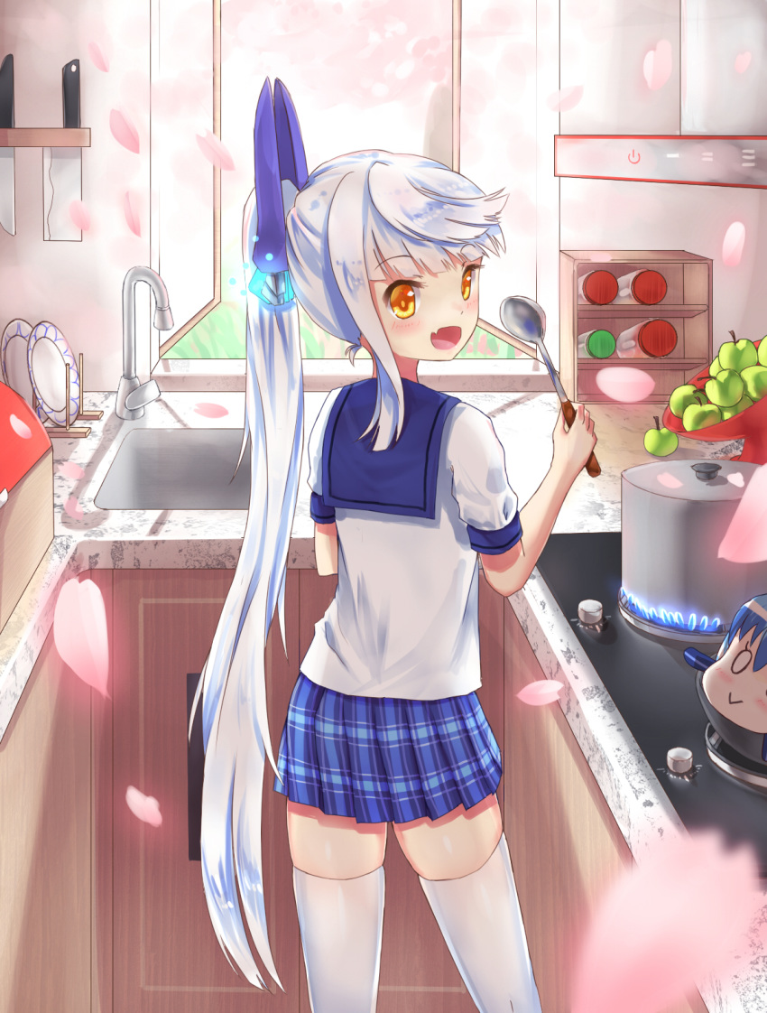 alternate_costume alternate_hairstyle commentary_request cooking fang hair_ornament highres holding ji_dao_ji kitchen kitchen_knife le_fantasque_(zhan_jian_shao_nyu) looking_at_viewer open_mouth petals ponytail school_uniform silver_hair thighhighs tree window yellow_eyes zhan_jian_shao_nyu