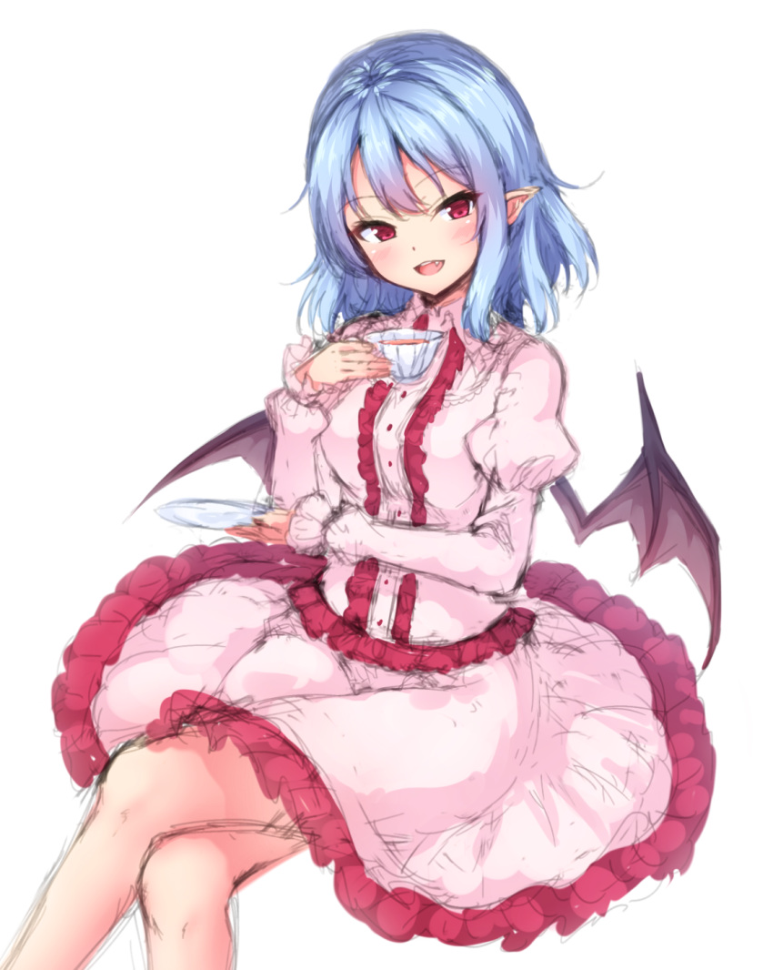 bat_wings blue_hair blush commentary crossed_legs cup dress eyebrows_visible_through_hair fang feet_out_of_frame frilled_dress frills head_tilt highres holding holding_cup juliet_sleeves junior27016 long_sleeves looking_at_viewer no_hat no_headwear open_mouth pink_dress pointy_ears puffy_sleeves red_eyes remilia_scarlet short_hair simple_background sitting smile solo teacup touhou white_background wings