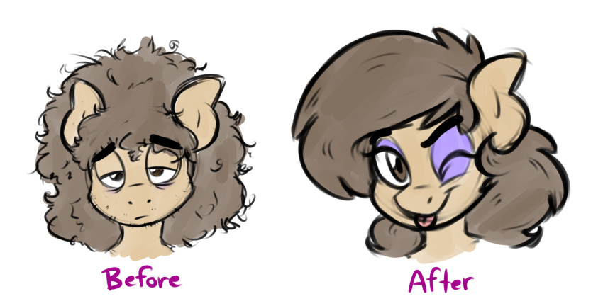 2016 before_and_after cinnamon_buns equine eyeshadow fan_character hair horse makeup male mammal messy_hair my_little_pony one_eye_closed pony portrait solo stunnerpony tongue tongue_out wink