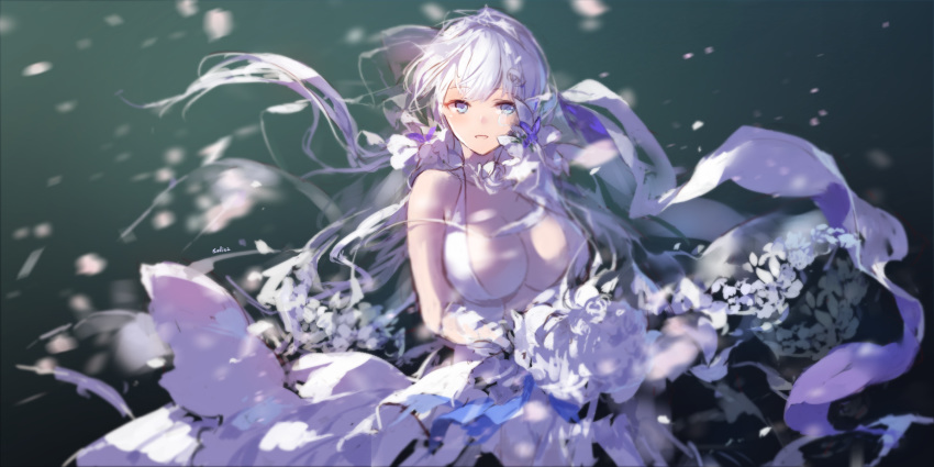 :d artist_name azur_lane bare_shoulders blue_eyes blurry bouquet breasts collarbone cowboy_shot depth_of_field dress flower flush green_background highres huge_breasts illustrious_(azur_lane) looking_at_viewer looking_to_the_side low-cut low_twintails open_mouth petals ribbon signature smile solo swd3e2 twintails wedding_dress white_hair