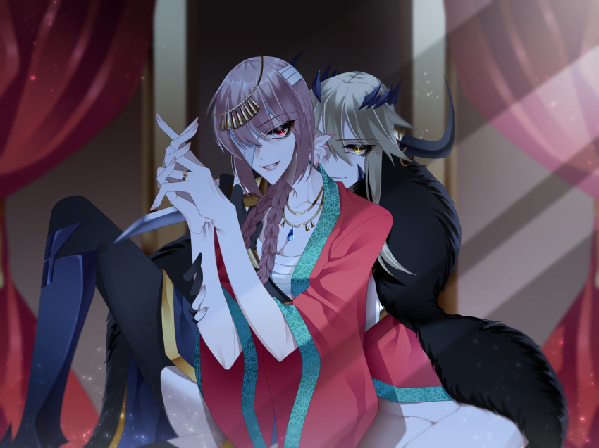 artoria_pendragon_(all) artoria_pendragon_(lancer_alter) bandage_over_one_eye black_legwear blonde_hair braid breasts chinese_clothes cleavage commentary_request divine_princess_of_the_storm fate/grand_order fate_(series) florence_nightingale_(fate/grand_order) fur gloves grin hanfu highres hochikass horn_ring horns interlocked_fingers jewelry light long_braid long_hair looking_at_viewer medium_breasts multiple_girls necklace ox-demon_king partly_fingerless_gloves pink_eyes pink_hair ring sarashi shadow single_braid smile wide_sleeves yellow_eyes yuri