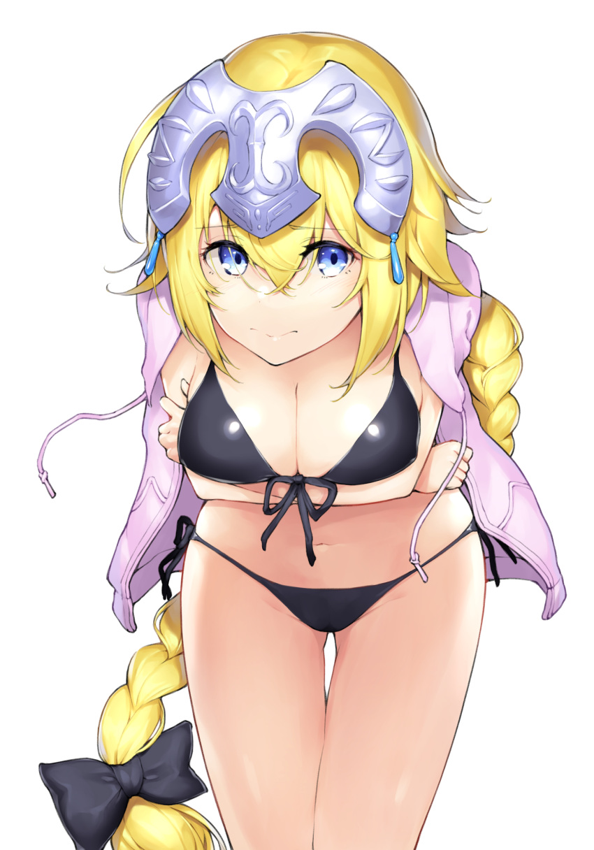 bikini black_bikini black_bow blonde_hair blue_eyes bow braid breasts cowboy_shot crossed_arms dabuki fate/apocrypha fate/grand_order fate_(series) front-tie_top hair_bow headpiece highres jacket jeanne_d'arc_(fate) jeanne_d'arc_(fate)_(all) large_breasts leaning_forward long_braid long_hair looking_at_viewer pink_jacket simple_background single_braid solo swimsuit thigh_gap very_long_hair white_background