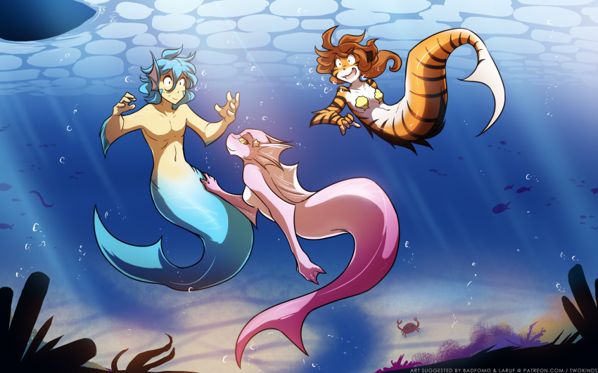 16:10 2017 alternate_species angry anthro blue_hair blue_scales breasts brown_hair clothed clothing confusion ear_fins featureless_breasts feline female fin fish flora_(twokinds) furrification group hair hi_res hybrid male mammal marine merfolk mostly_nude nude pink_scales scales seashell_bra seductive skimpy stripes swimming tiger tom_fischbach trace_legacy transformation twokinds underwater water webbed_hands webcomic