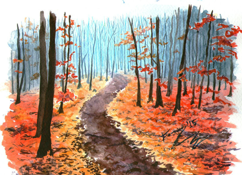 adept-ex autumn autumn_leaves bare_tree day forest highres landscape nature no_humans original road scenery traditional_media tree watercolor_(medium)