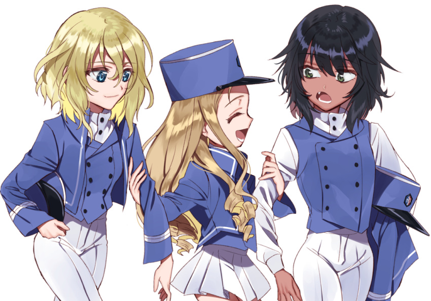 adapted_uniform andou_(girls_und_panzer) arm_grab bangs bc_freedom_(emblem) bc_freedom_military_uniform black_hair blonde_hair blue_eyes blue_hat blue_jacket blue_vest brown_eyes closed_eyes closed_mouth commentary_request dark_skin dress_shirt drill_hair emblem eyebrows_visible_through_hair girls_und_panzer hat hat_removed headwear_removed high_collar holding holding_hat jacket long_hair long_sleeves looking_at_another looking_back marie_(girls_und_panzer) medium_hair microskirt military military_hat military_uniform multiple_girls open_mouth oshida_(girls_und_panzer) pants pleated_skirt shako_cap shirt shutou_mq simple_background skirt smile standing uniform vest walking white_background white_pants white_shirt white_skirt