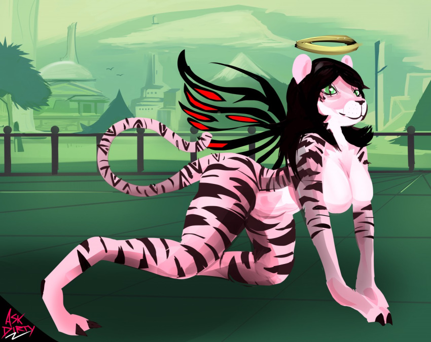 2016 alice_(wittrock) all_fours anthro askdirty big_breasts biped black_hair black_markings black_nose black_stripes black_wings breasts detailed_background digital_media_(artwork) digital_painting_(artwork) dirtyscoundrel feline female fur green_sclera hair halo mammal markings nude on_ground outside pink_breasts pink_ears pink_fur pink_tail slit_pupils solo striped_markings striped_tail stripes tiger tree unusual_wings wings