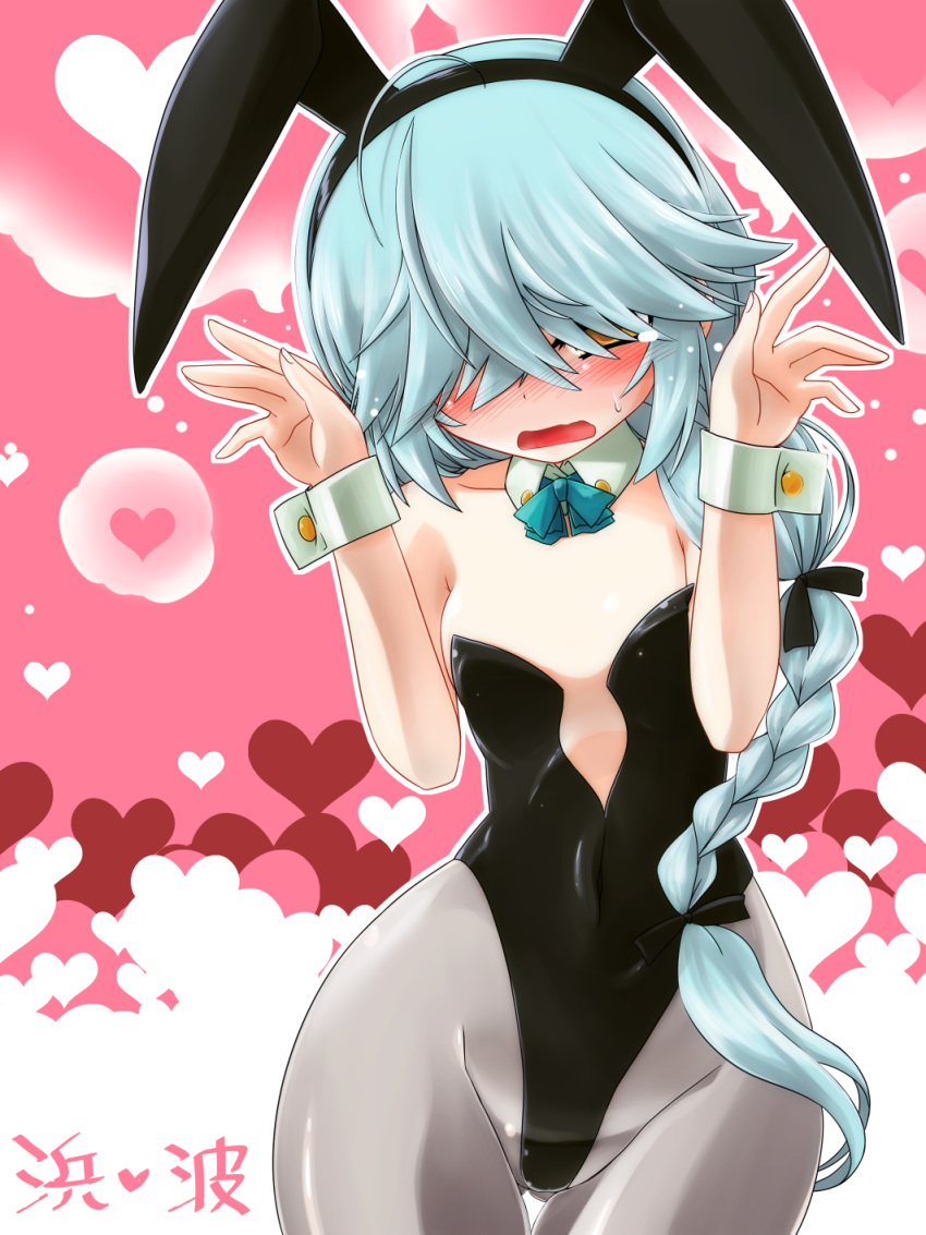 ahoge animal_ears ass_visible_through_thighs black_leotard blue_hair blush bow bowtie braid bunny_ears bunnysuit character_name cowboy_shot detached_collar embarrassed fake_animal_ears flat_chest green_neckwear grey_legwear hair_over_one_eye hair_ribbon hamanami_(kantai_collection) heart heart_background highres hisame_genta kantai_collection leotard long_hair orange_eyes pantyhose pink_background ribbon solo strapless strapless_leotard thigh_gap wrist_cuffs