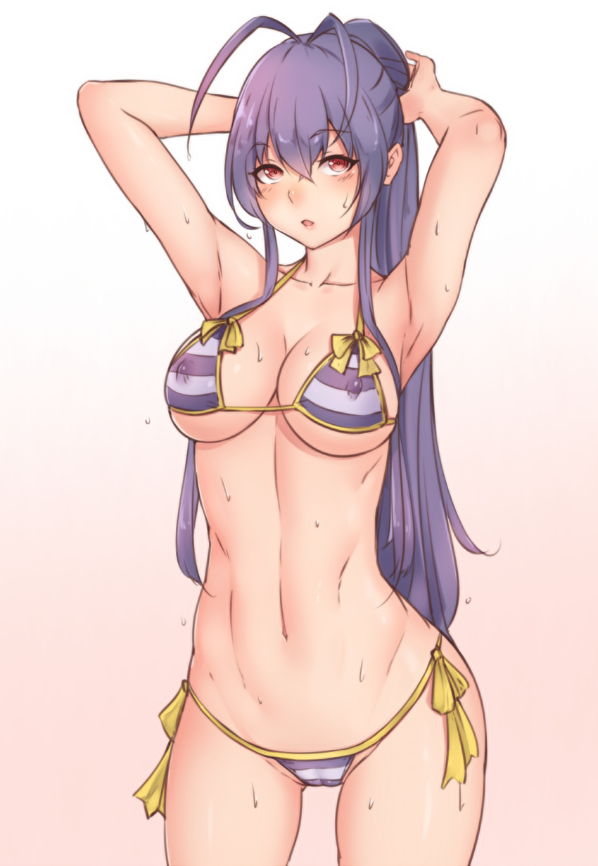 1girl adjusting_hair antenna_hair arm_behind_head arm_up armpits bangs bikini blazblue blazblue_remix_heart blazblue_variable_heart blue_hair bluefield blush bow breasts cleavage collarbone cowboy_shot erect_nipples genderswap genderswap_(mtf) gluteal_fold groin hair_between_eyes hair_bow highres long_hair mai_natsume medium_breasts navel open_mouth ponytail pulled_by_self red_eyes side-tie_bikini sidelocks solo stomach string_bikini striped striped_bikini sweat swimsuit thigh_gap thighs underboob very_long_hair wet wet_clothes wet_swimsuit yellow_bow