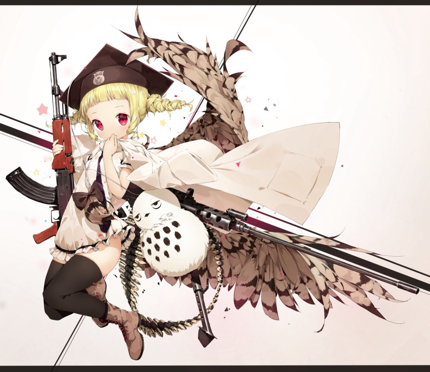ak-47 ammunition_belt animal assault_rifle bangs bird bird_wings black_bow black_hat black_legwear black_neckwear blonde_hair blunt_bangs boots bow brown_footwear character_request commentary_request copyright_request covered_mouth cross-laced_footwear dress feathered_wings full_body gun hat highres holding holding_gun holding_weapon jacket jacket_on_shoulders lace-up_boots letterboxed looking_at_viewer mabuta_(byc0yqf4mabye5z) machine_gun mortarboard necktie owl pocket purple_eyes rifle ringlets short_hair short_sleeves sidelocks simple_background solo star thighhighs thighhighs_under_boots twintails weapon weapon_request white_background white_dress white_jacket wings