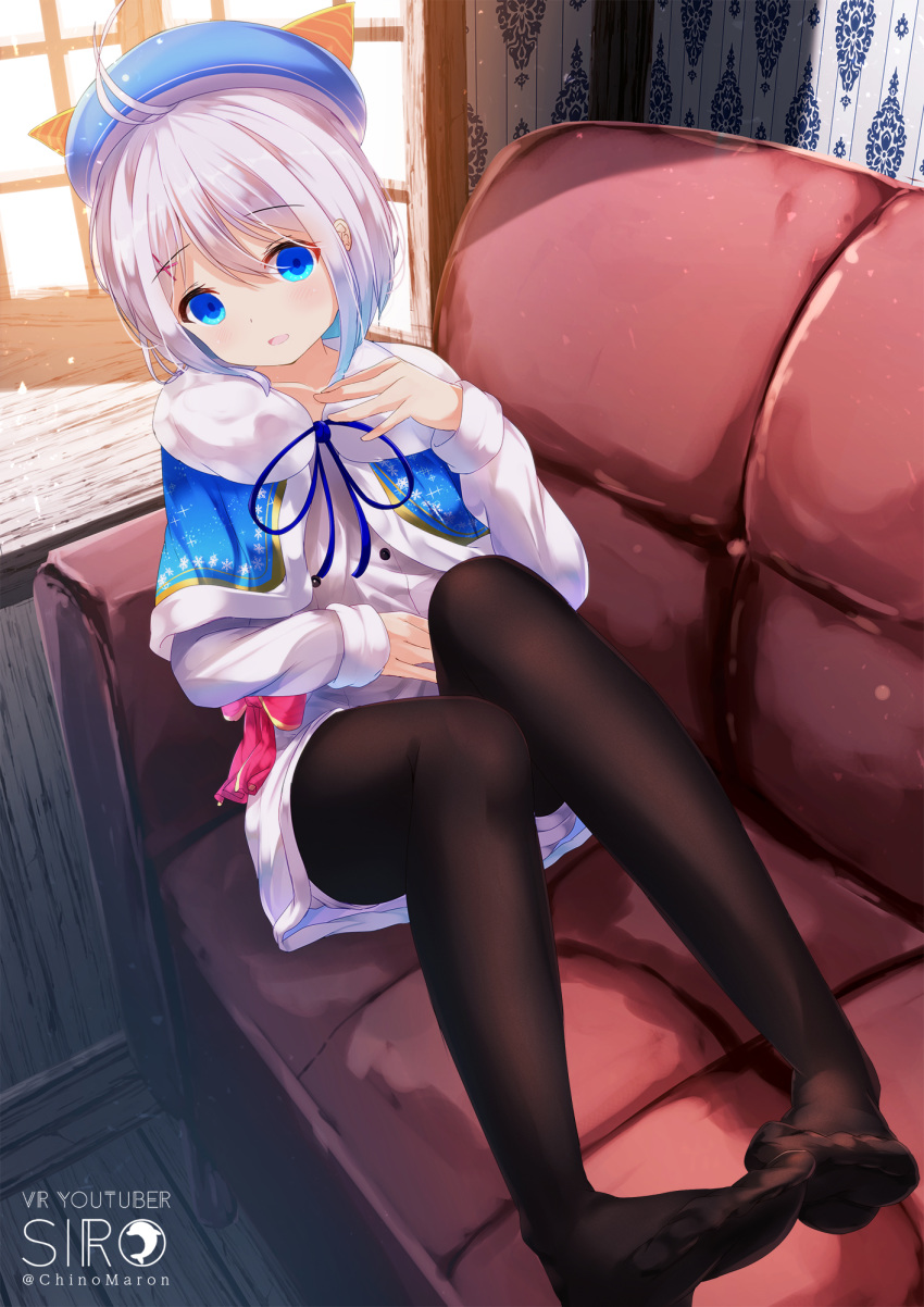 :d antenna_hair bangs beret black_legwear blue_capelet blue_eyes blue_hat blush capelet character_name chinomaron collarbone couch dennou_shoujo_youtuber_shiro dress eyebrows_visible_through_hair feet fur-trimmed_capelet fur_trim hair_between_eyes hair_ornament hand_up hat head_tilt highres indoors long_hair long_sleeves looking_at_viewer on_couch open_mouth pantyhose shiro_(dennou_shoujo_youtuber_shiro) short_hair short_shorts shorts sidelocks silver_hair sitting smile soles solo sunlight twitter_username virtual_youtuber white_dress white_shorts window x_hair_ornament