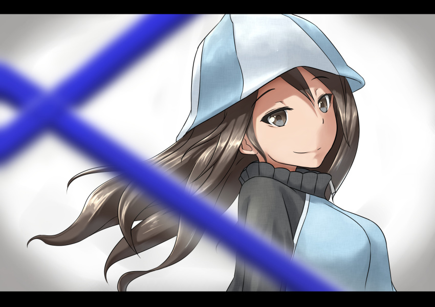 blue_hat blue_jacket blurry_foreground brown_eyes brown_hair closed_mouth couai eyebrows_visible_through_hair finnish_flag from_side girls_und_panzer hat highres jacket keizoku_military_uniform light_smile long_hair looking_at_viewer mika_(girls_und_panzer) military military_uniform raglan_sleeves solo standing track_jacket uniform upper_body white_background wind