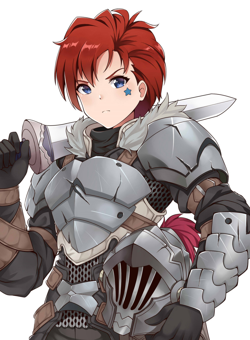 armor aslindsamure asymmetrical_bangs bangs black_gloves blue_eyes breastplate chainmail closed_mouth cosplay facial_tattoo frown fur_trim gloves goblin_slayer goblin_slayer! goblin_slayer_(cosplay) hair_between_eyes headwear_removed helm helmet helmet_removed highres holding holding_helmet holding_sword holding_weapon idolmaster idolmaster_million_live! julia_(idolmaster) long_sleeves looking_at_viewer over_shoulder paid_reward patreon_reward pauldrons red_hair scratches serious shiny shiny_hair short_hair simple_background solo standing star star_tattoo sword sword_over_shoulder tattoo tomboy v-shaped_eyebrows vambraces weapon weapon_over_shoulder white_background