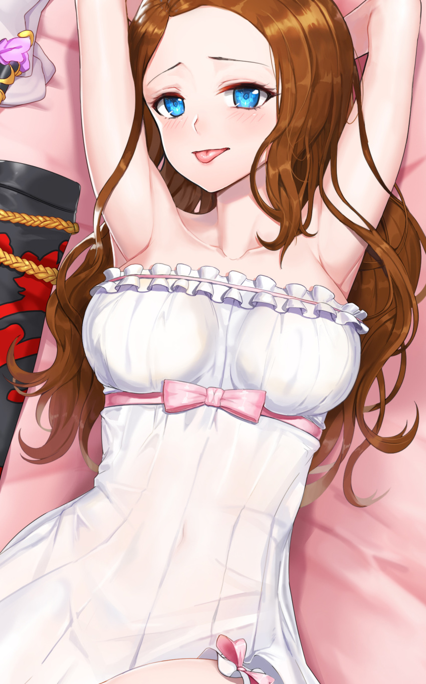 armpits bed bed_sheet blade_&amp;_soul blue_eyes blush breasts brown_hair character_request cleavage closed_mouth collarbone commentary_request commission covered_navel cowboy_shot dress dutch_angle greem_bang hands_up highres korean_commentary long_hair looking_at_viewer lying medium_breasts on_back see-through smile solo strapless tongue tongue_out white_dress