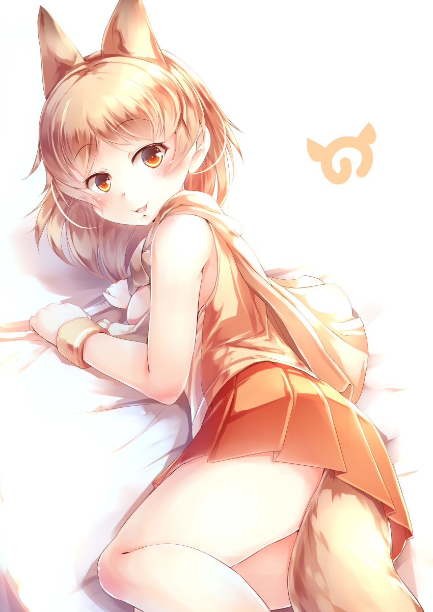 :d absurdres animal_ears blonde_hair blush commentary extra_ears eyebrows_visible_through_hair fox_ears fox_tail highres japari_symbol kanzakietc kemono_friends looking_at_viewer lying miniskirt open_mouth orange_eyes orange_skirt pale_fox_(kemono_friends) pleated_skirt short_hair skirt smile solo tail wristband