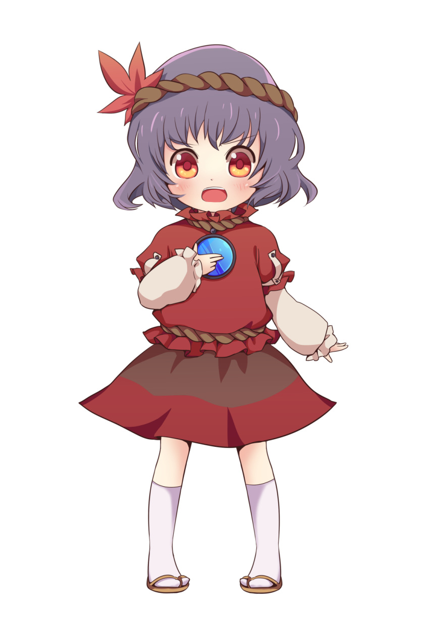 blush child eyebrows_visible_through_hair full_body hand_on_own_chest highres kneehighs looking_at_viewer open_mouth purple_hair red_eyes sandals short_hair simple_background sleeves_past_wrists solo tatuhiro touhou white_background white_legwear yasaka_kanako