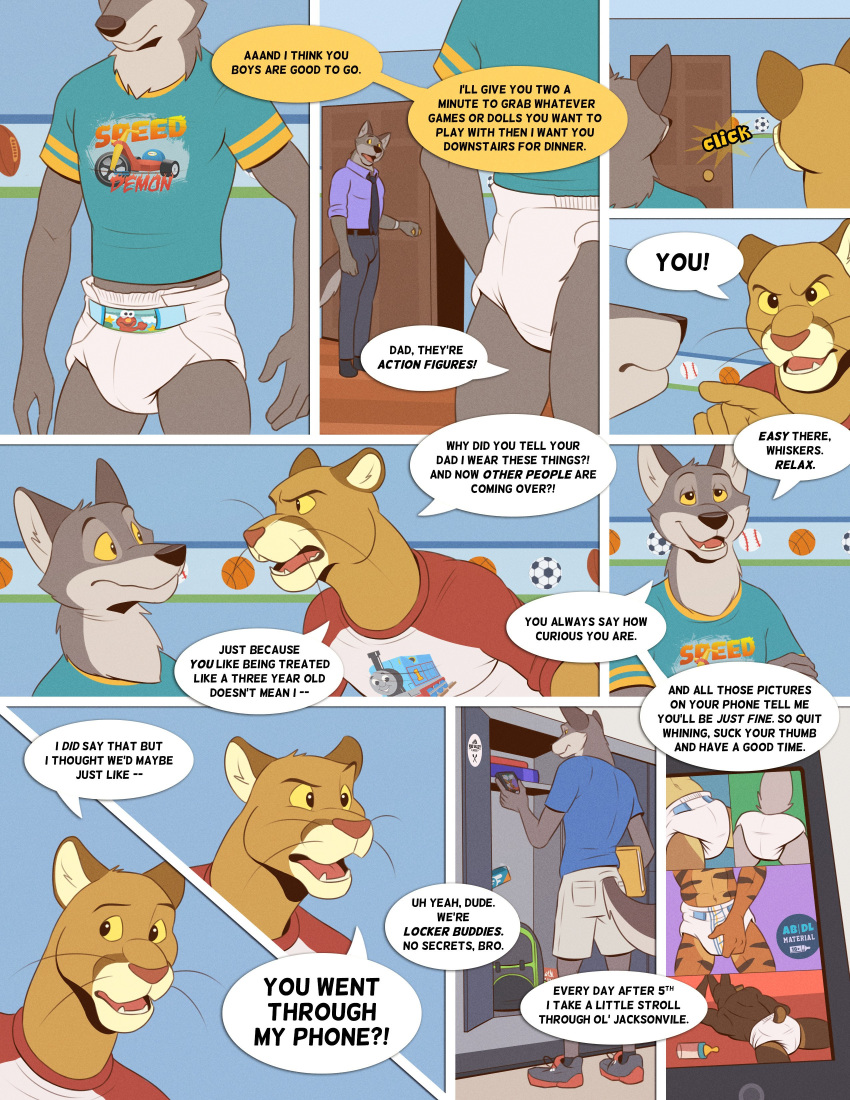 angry anthro brooks bulge butt canine colt3n comic cougar dialogue diaper elmo english_text father feline group hi_res infantilism jack_(colt3n) locker male mammal necktie parent phone pinup pose raised_tail son speech_bubble standing text tiger wolf