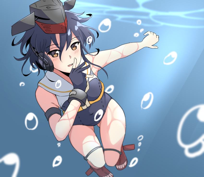 air_bubble asymmetrical_hair black_hair black_swimsuit boots brown_eyes bubble crop_top framed_breasts freediving gloves hair_between_eyes hand_on_own_chin hat headphones high_heel_boots high_heels i-13_(kantai_collection) kagari_leroy kantai_collection open_toe_shoes partly_fingerless_gloves red_footwear sailor_collar school_swimsuit short_hair single_glove solo swimsuit underwater white_sailor_collar