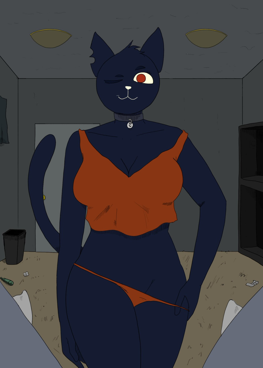 asomium breasts cat clothing collar duo feline first_person_perspective inside logo loose_clothing mae_(nitw) mammal night_in_the_woods null_symbol one_eye_closed panties shirt smile tank_top underwear undressing wink